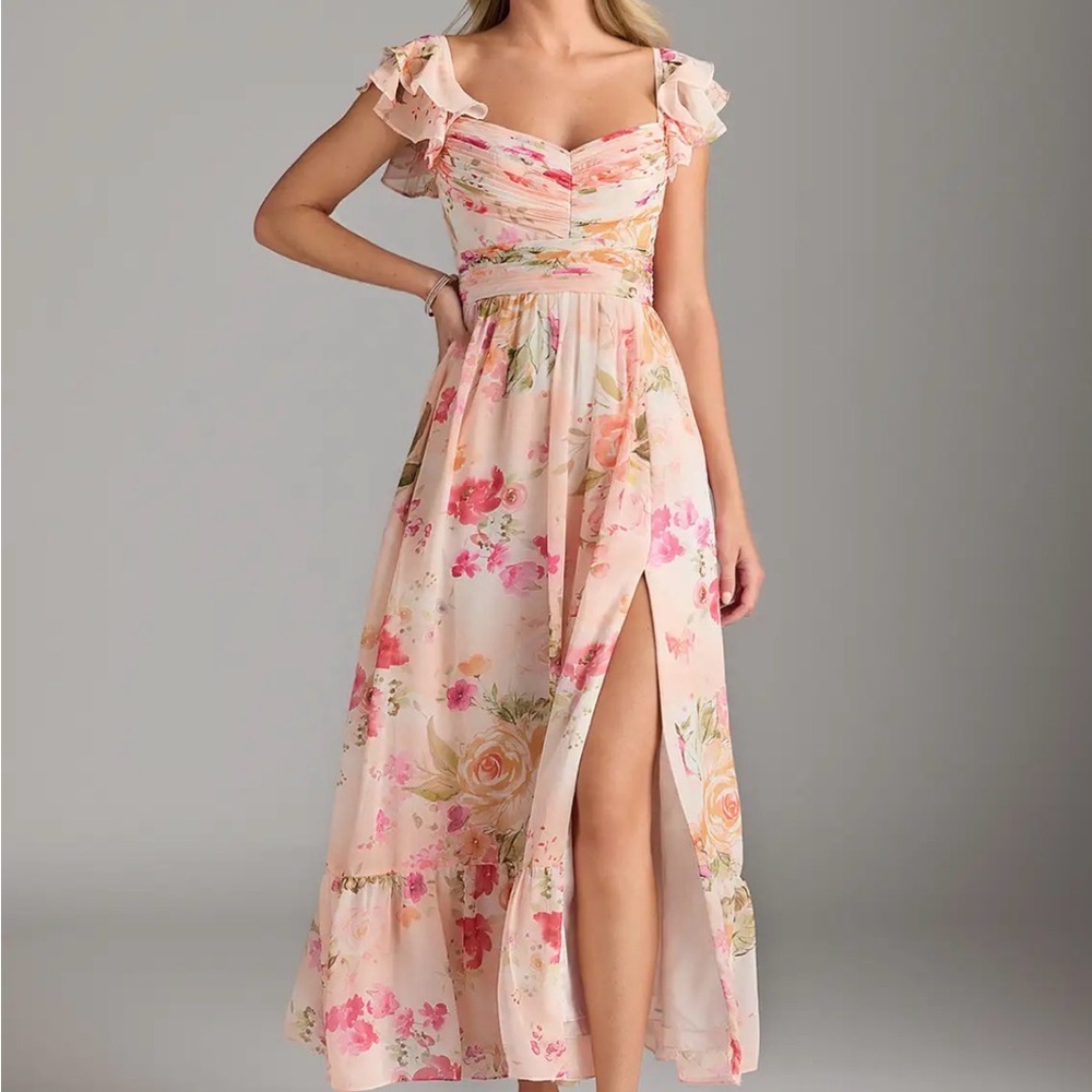 Azazie Anaya Abstract Floral Pink Ruffle-Sleeve Maxi Dress - New w/ tags size 18